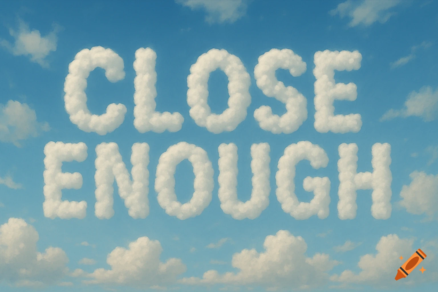 Fluffy white clouds spell 'CLOSE ENOUGH' against a bright blue sky with scattered clouds.