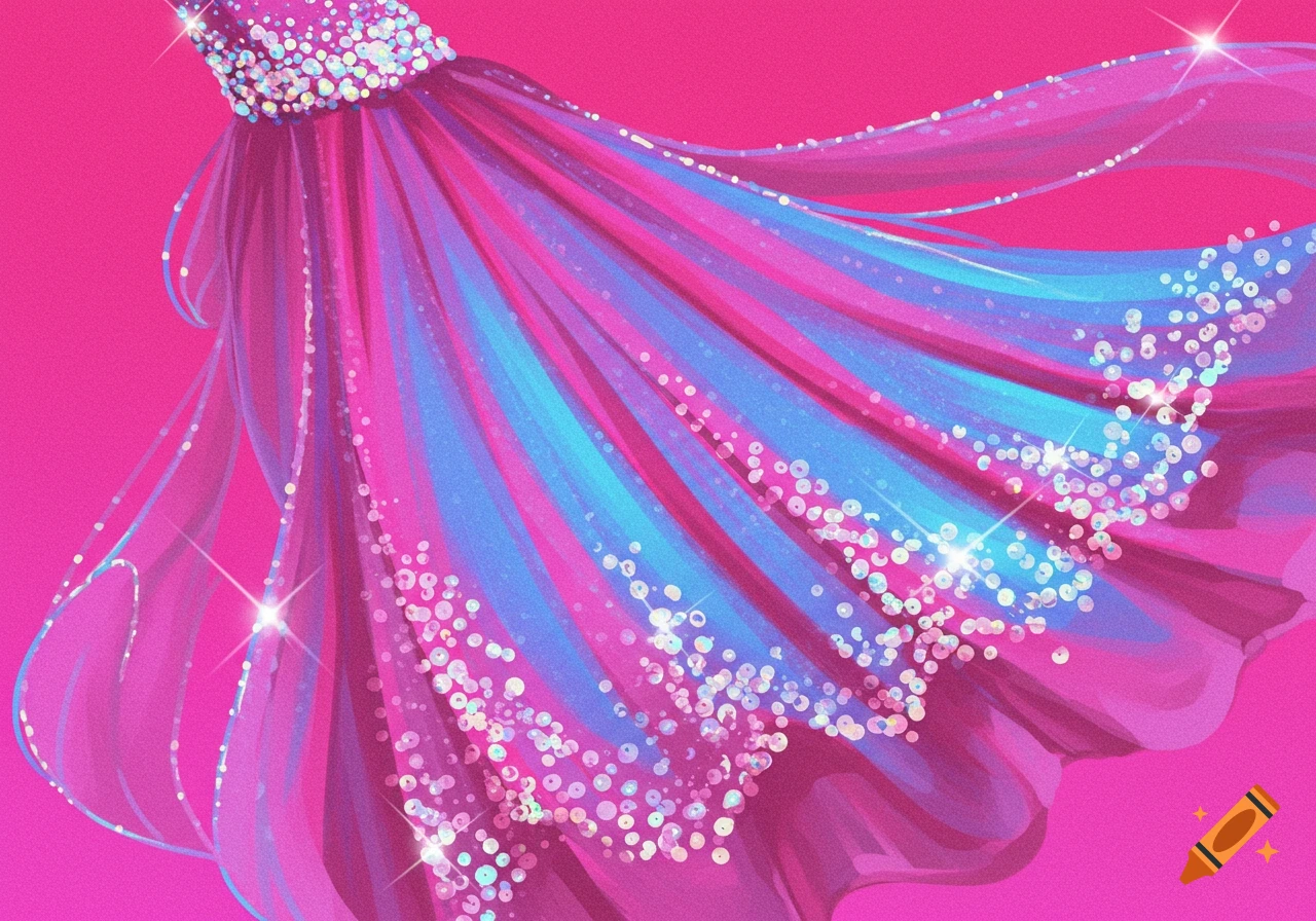 A close-up of a flowing pink and blue dress adorned with sparkling glitter and sequins.