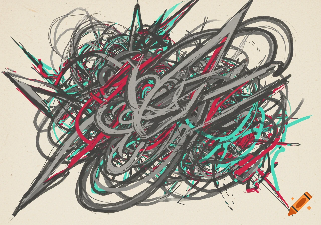 Abstract sketch with black, gray, red, and teal scribbled lines on a light background.