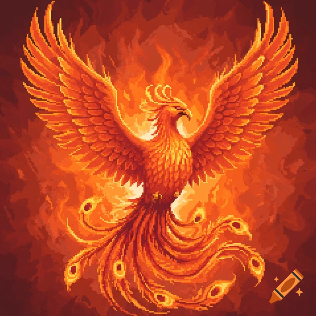 Pixel art of a majestic phoenix with fiery orange and red feathers, its wings spread wide against a background of intense flames.