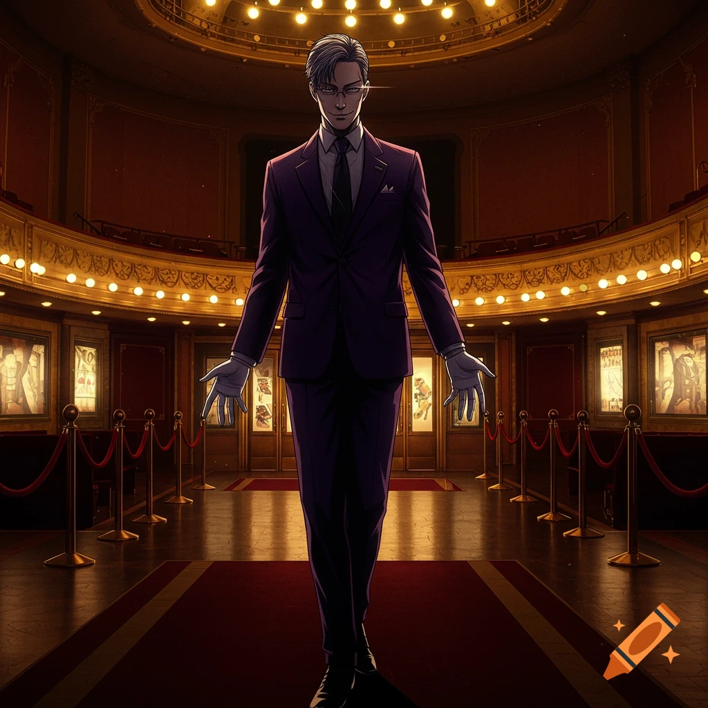 An anime-style man in a purple suit, black tie, and glasses stands on a red carpet in a grand, ornate theater, with a sinister expression.