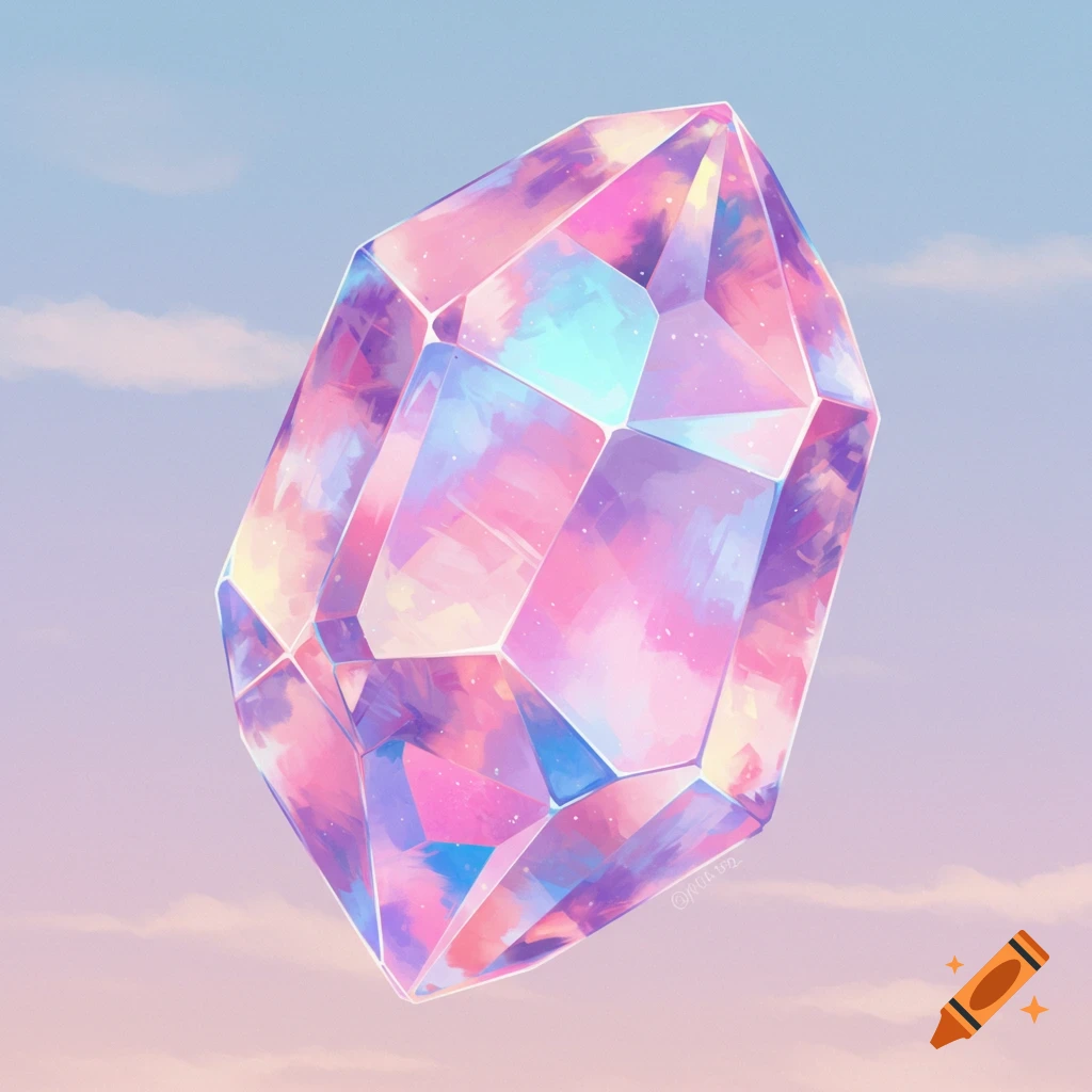 An iridescent, multi-faceted crystal floats in a pastel sky with soft clouds, reflecting pink, blue, and purple hues.