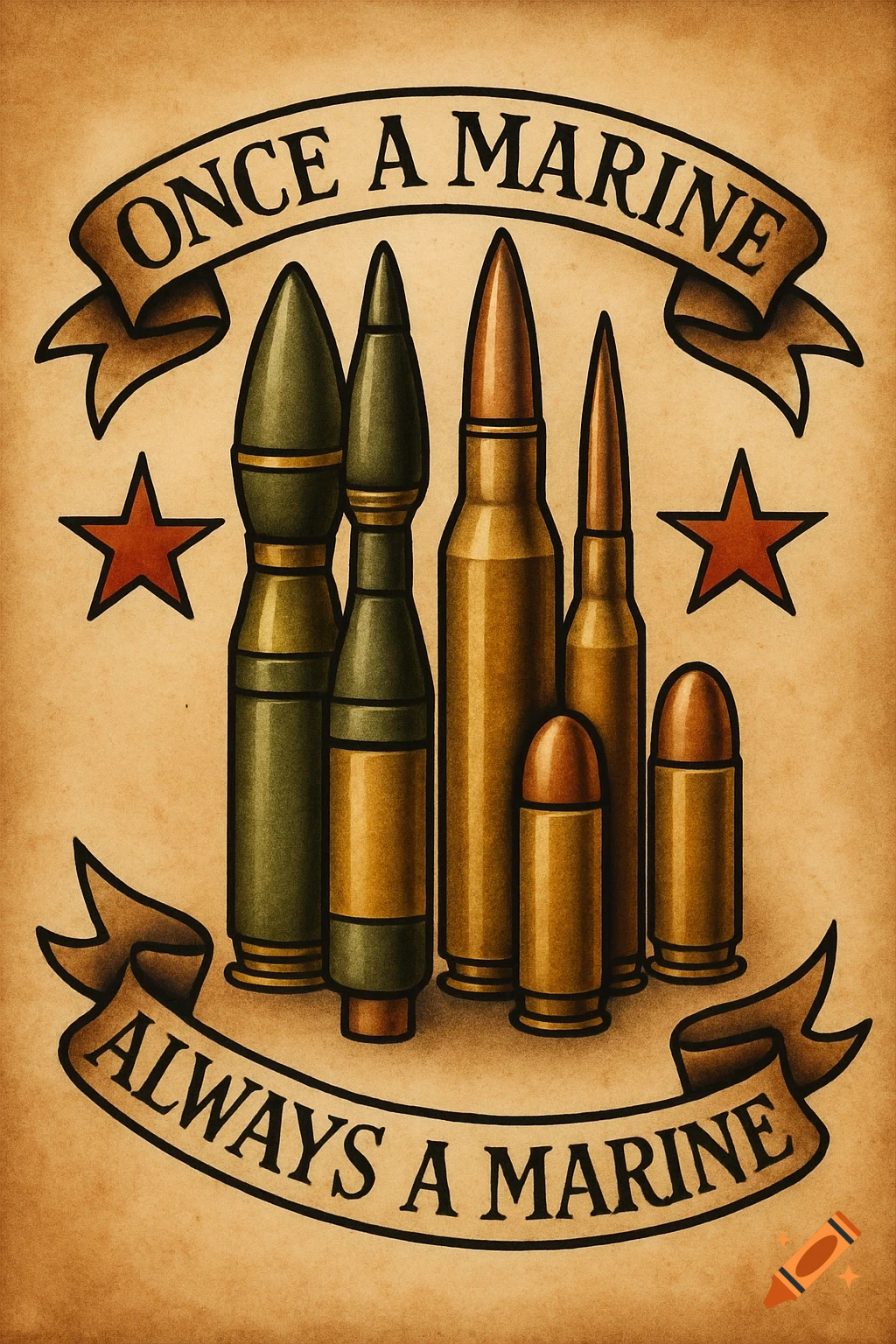 Traditional tattoo art of ammunition with 'Once a Marine' and 'Always a Marine' banners on aged paper.