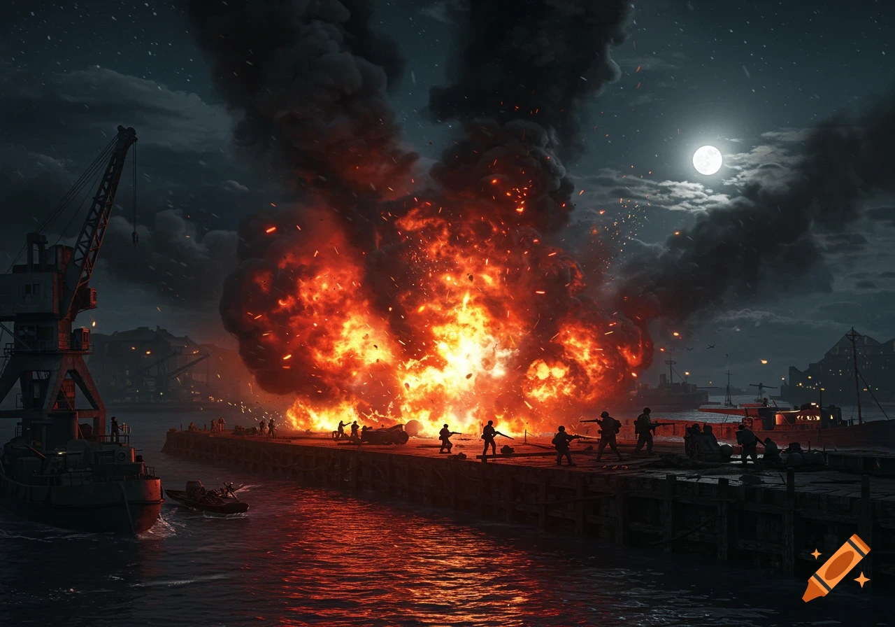 A dramatic, photorealistic image of a massive explosion at a wartime dock at night, with silhouetted soldiers on the pier under a full moon.