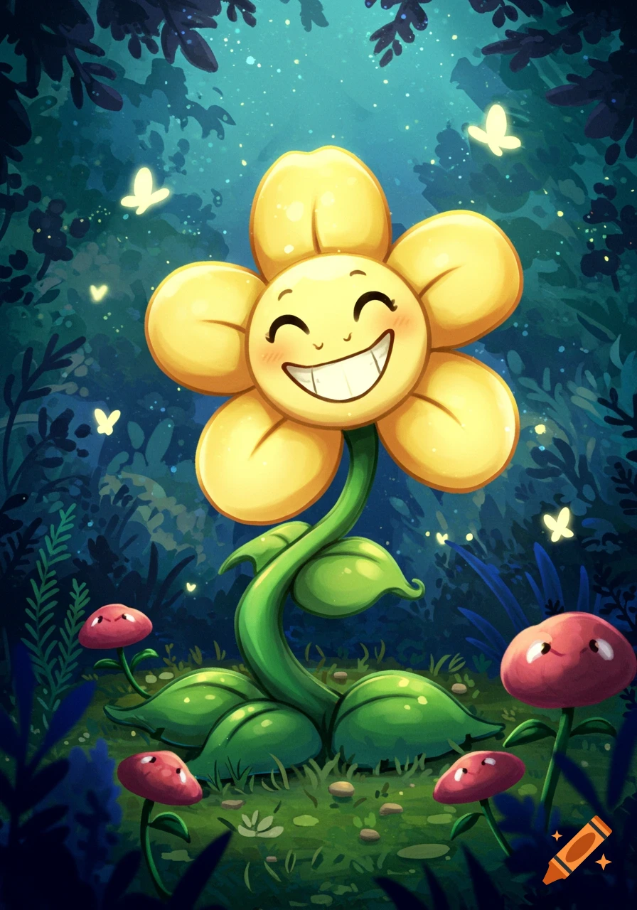 A smiling yellow cartoon flower with a wide grin and two green leaves sits in a dark, magical forest with glowing butterflies and small red mushrooms.