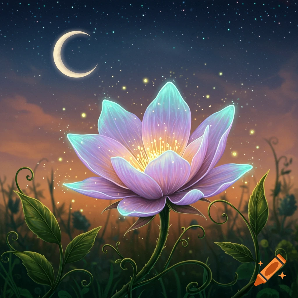 A luminous purple and blue lotus-like flower glows under a crescent moon in a starlit night sky, surrounded by dark foliage.