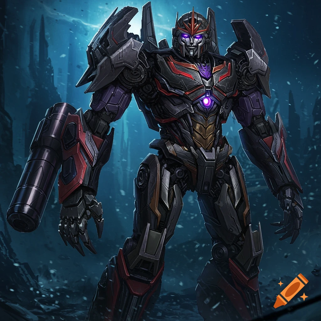 A heavily armored black and red robot with glowing purple eyes and chest emblem stands in a dark, desolate landscape.