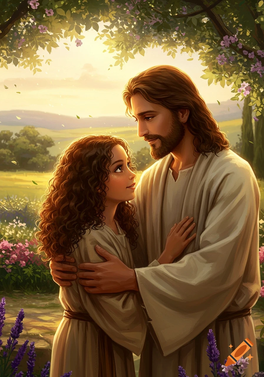 Digital painting of Jesus embracing a young girl in a lush, sunlit garden.