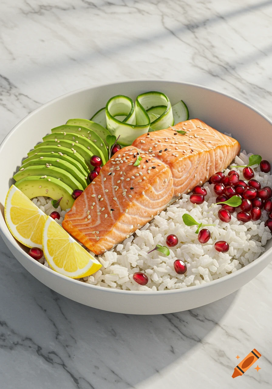 A photorealistic salmon bowl with rice, avocado, cucumber ribbons, pomegranate seeds, and lemon wedges on a marble surface.