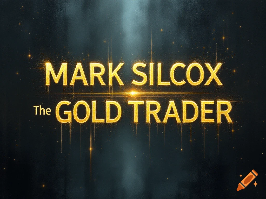 Golden text 'MARK SILCOX The GOLD TRADER' with light particles on a dark background.