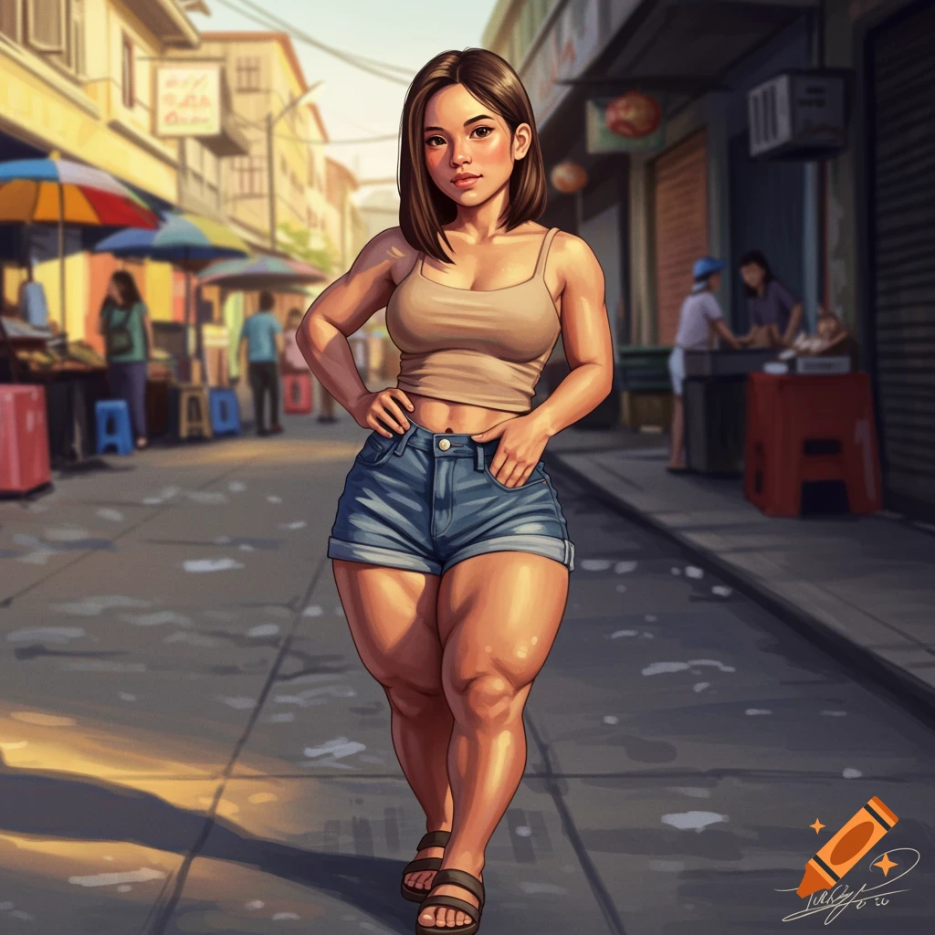 An illustration of an athletic woman in a tank top and denim shorts standing on a street in a bustling market.