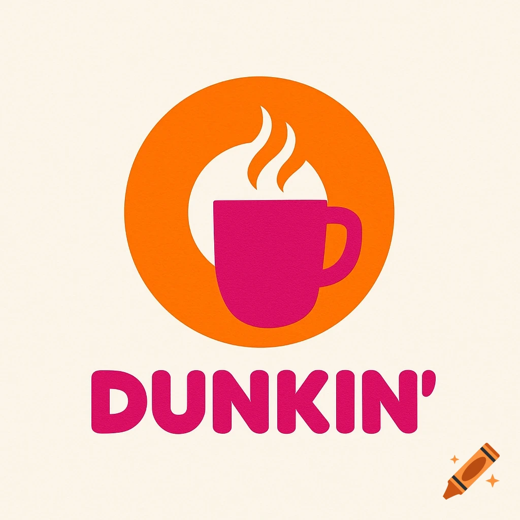 A bright orange and fuchsia logo featuring a coffee cup with steam in negative space, with the word 'DUNKIN'' below.