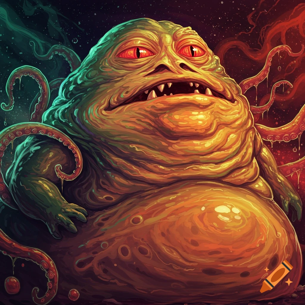 A grotesque, slug-like monster with red eyes and green-orange skin, surrounded by tentacles, in a dark space environment.