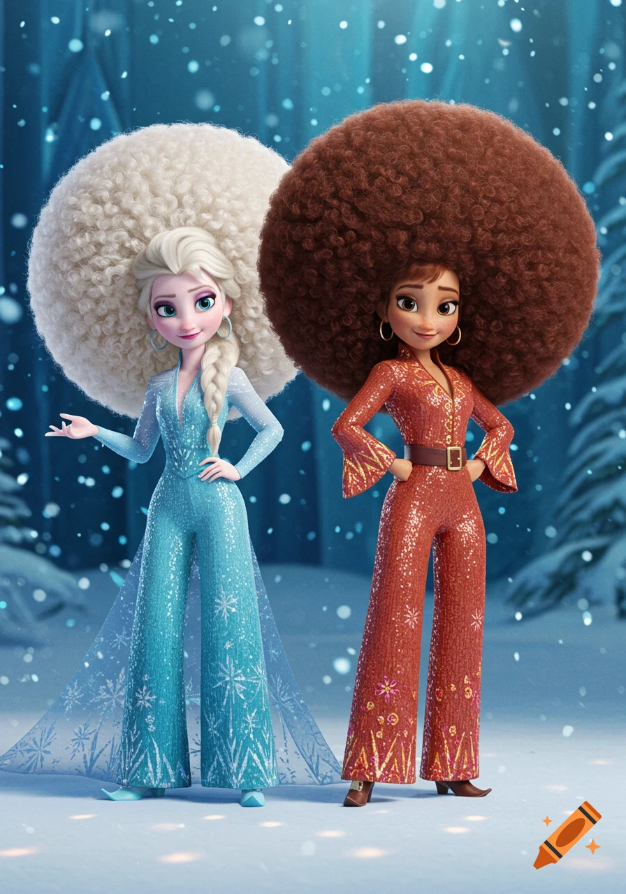 Elsa and Anna from Frozen, wearing sparkly disco jumpsuits and massive spherical afros, standing in a snowy landscape.