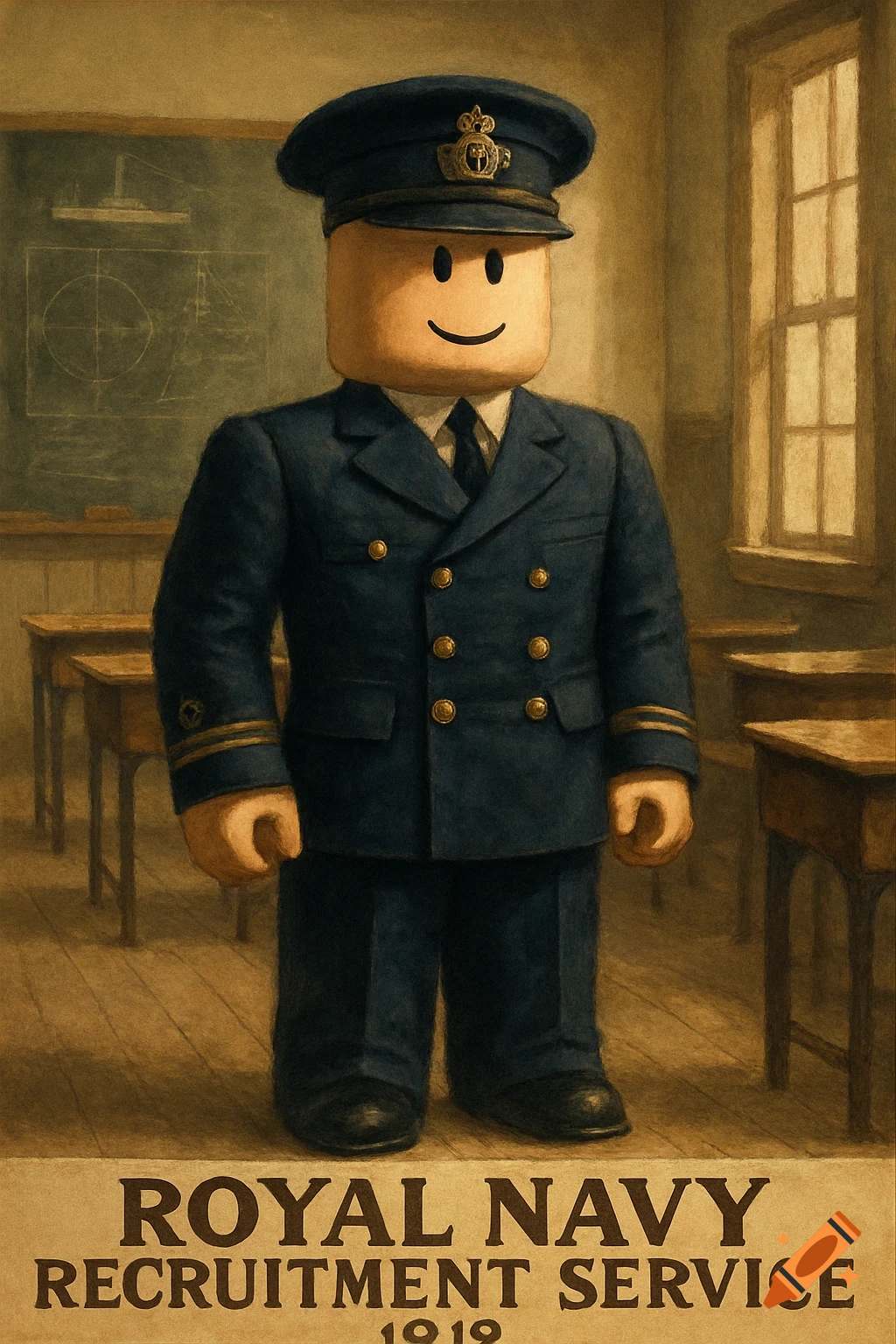 An illustration of a Roblox character in a Royal Navy uniform standing in a classroom, depicted as a recruitment poster with text.