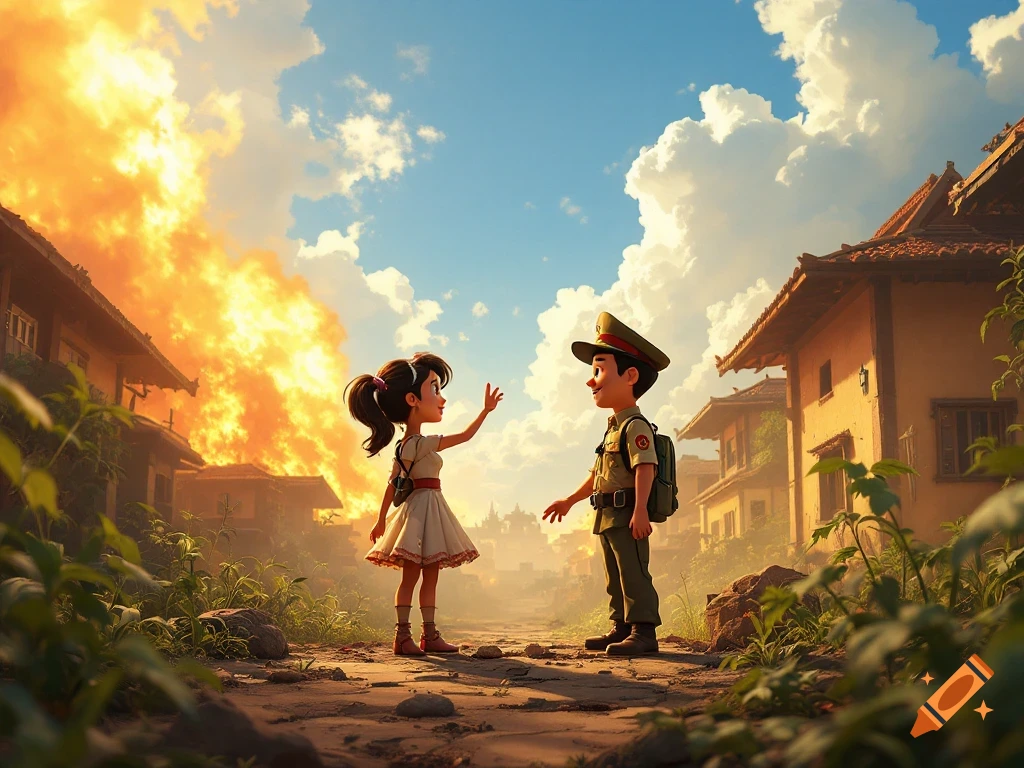 Pixar-style animation of two children, a boy in military uniform and a girl in a dress, standing in a burning village.
