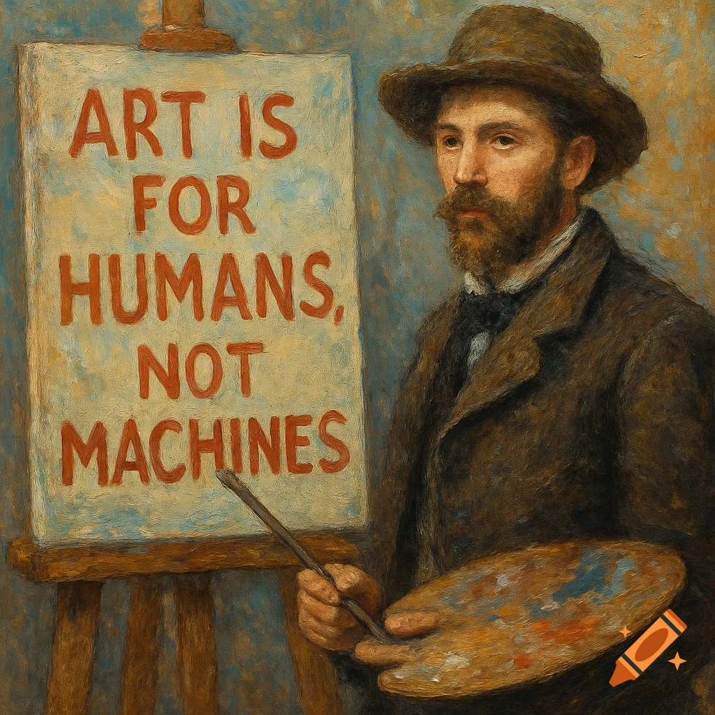 Impressionist painter with a beard and hat holding a palette, next to an easel with a painting reading "ART IS FOR HUMANS, NOT MACHINES".