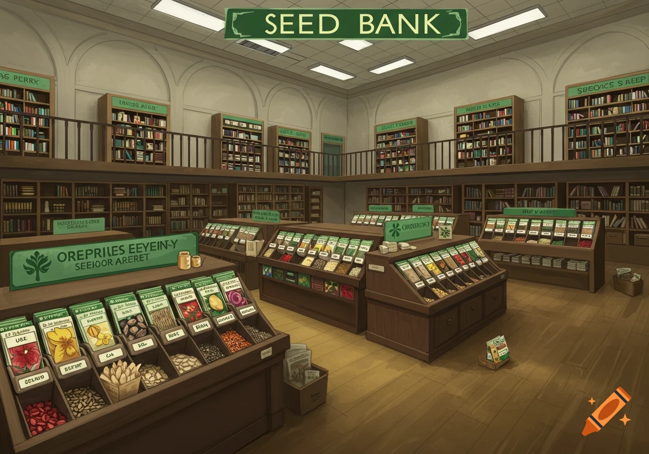 An interior view of a seed bank located within a library, featuring shelves of books and display cases filled with various seeds.
