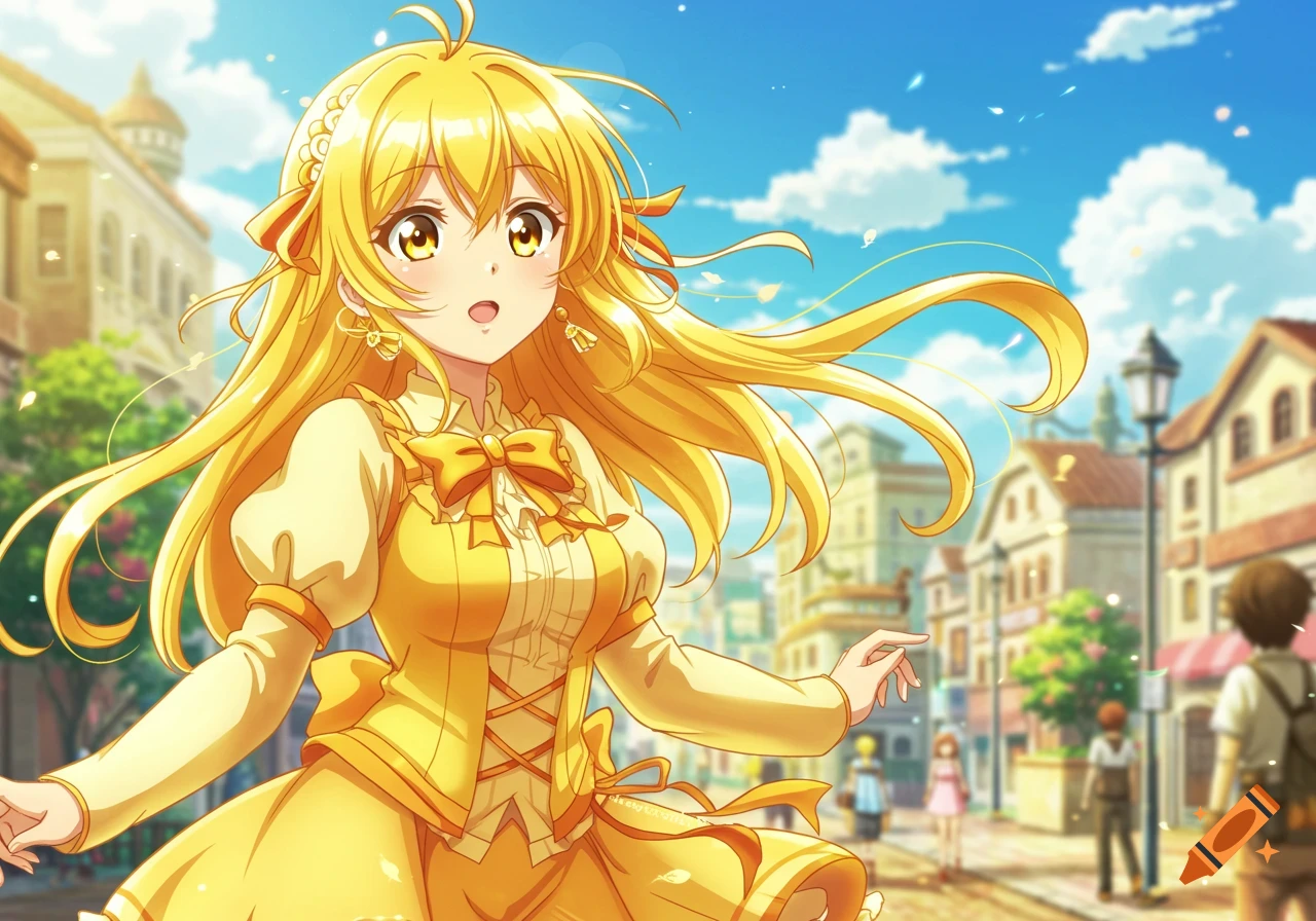 A bright anime illustration of a yellow-haired girl in a yellow dress walking through a sunny town street.
