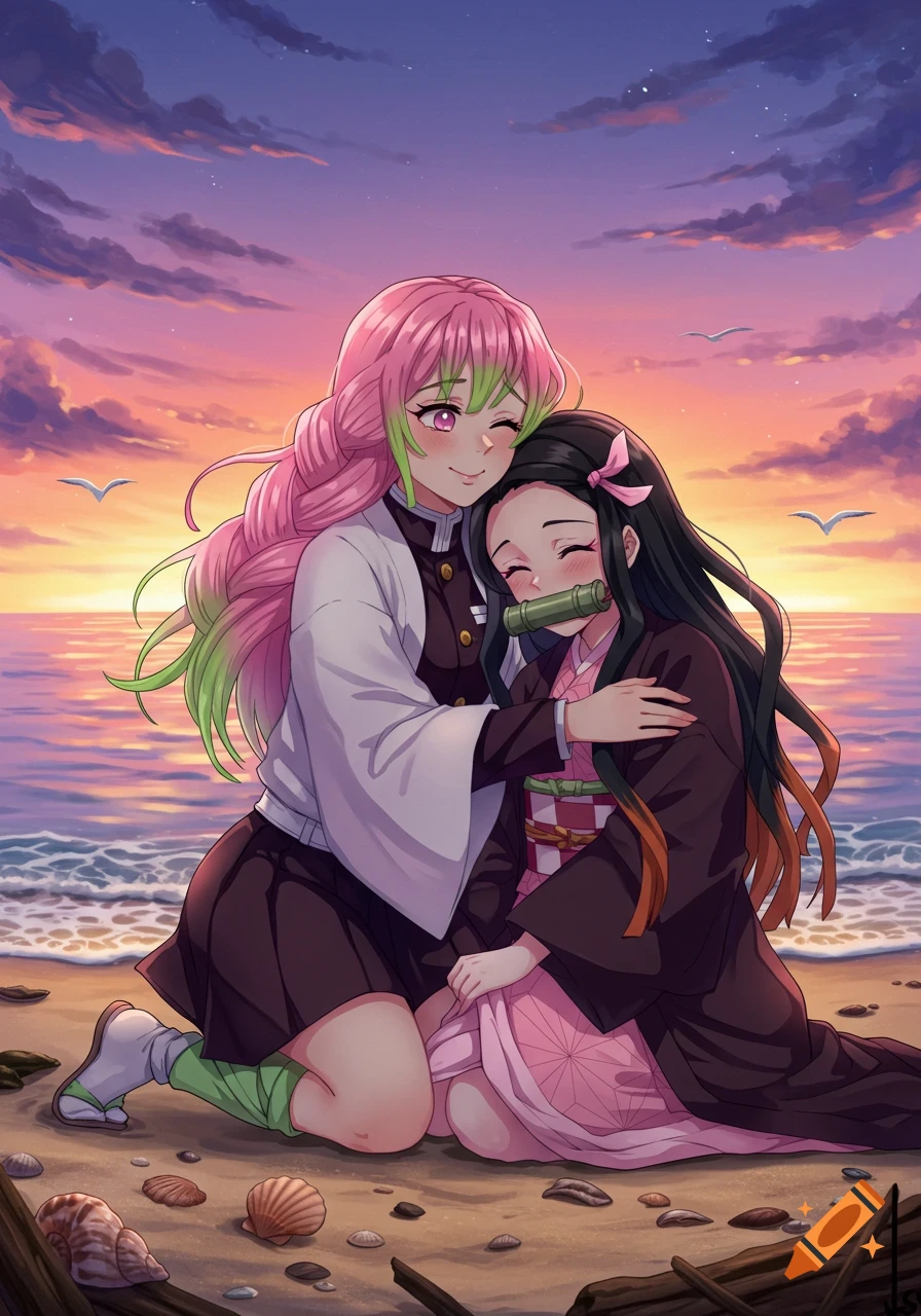 Two anime girls, Mitsuri and Nezuko from Demon Slayer, embrace on a sandy beach at sunset with a colorful sky.
