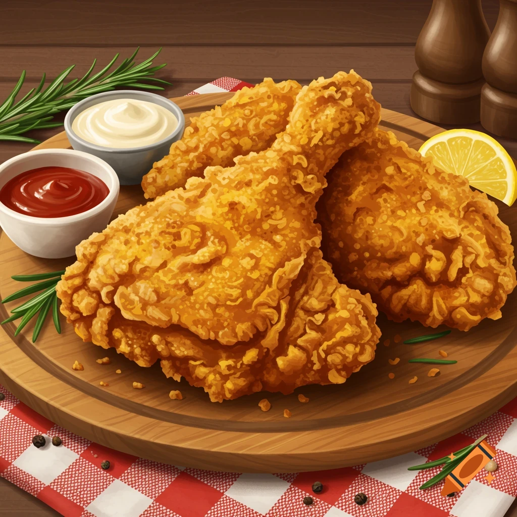 A close-up stylized illustration of golden brown fried chicken pieces with dipping sauces, rosemary, and lemon on a wooden board.