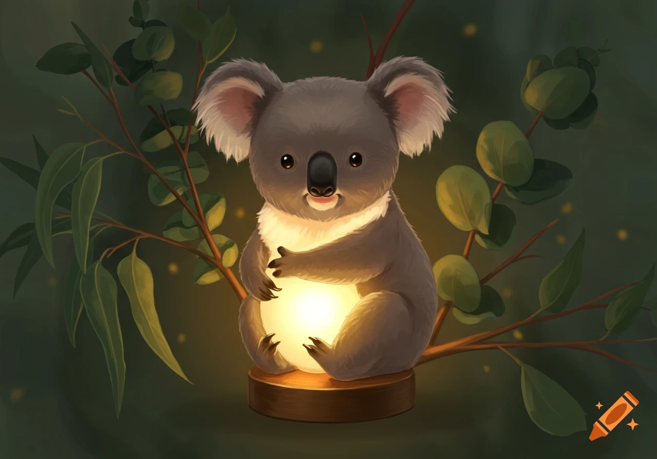 A cute, stylized illustration of a koala sitting on a eucalyptus branch, holding a bright glowing white orb. The background is dark with soft lights.