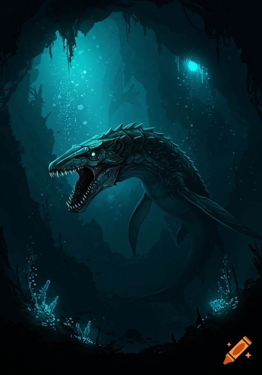 A large, menacing sea creature with glowing eyes and sharp teeth swims in a dark, mysterious underwater cave with glowing coral.