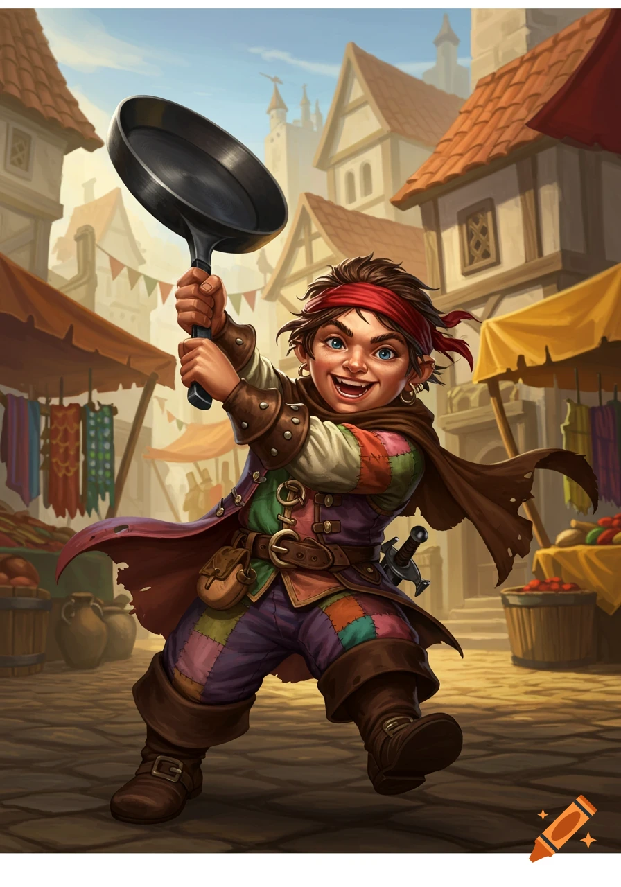 A cheerful halfling swashbuckler in colorful patched clothes holds a frying pan aloft in a bustling medieval market.