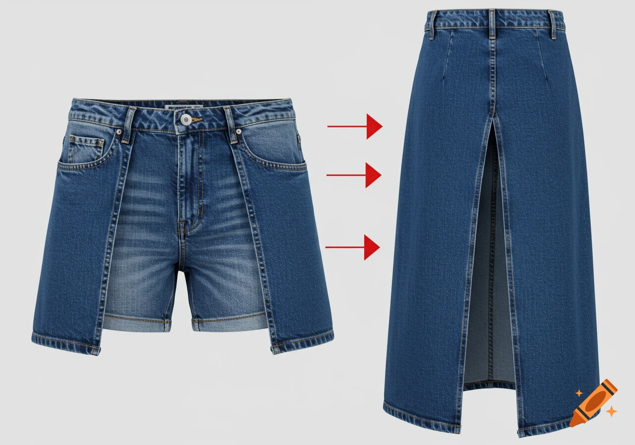 Blue denim shorts on the left, with additional denim panels indicated by red arrows, transforming into a long denim skirt on the right.