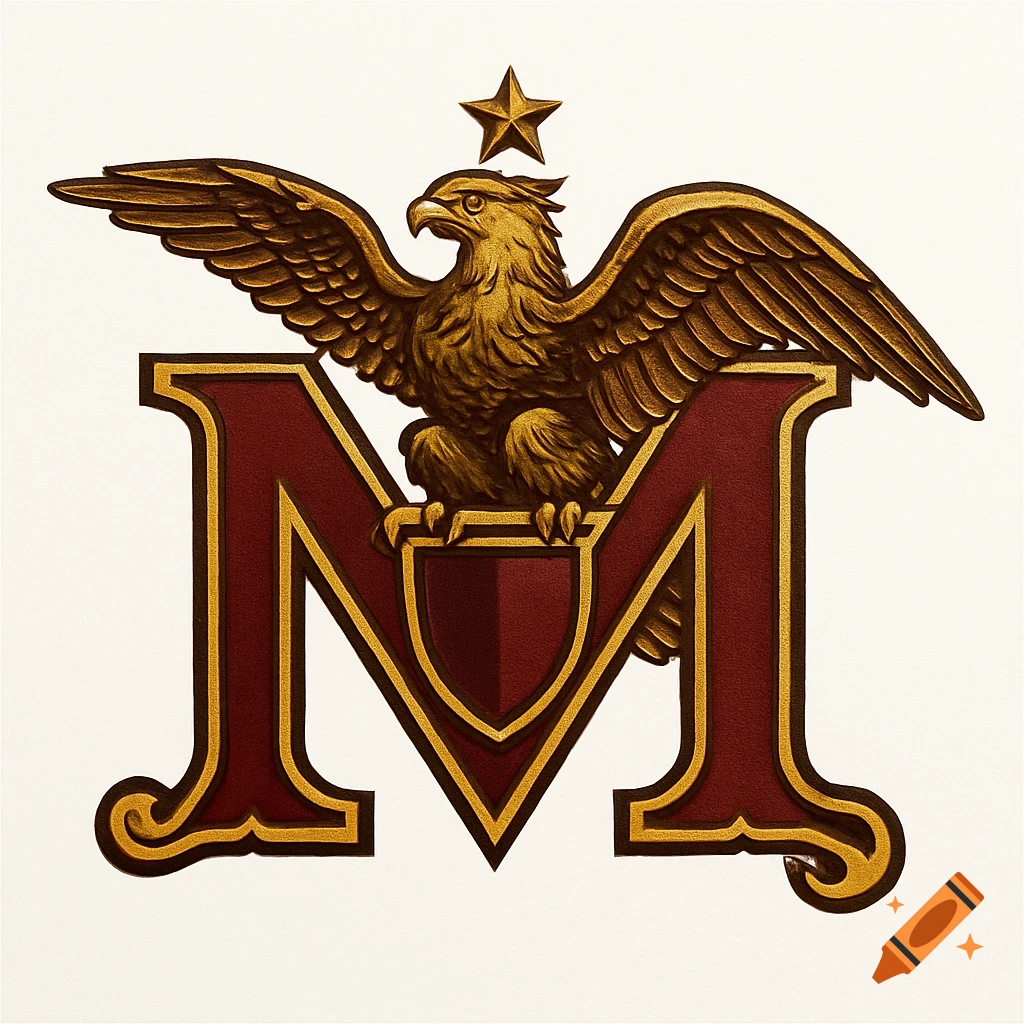 A golden eagle with outstretched wings perched on a stylized red letter M, with a gold star above its head.