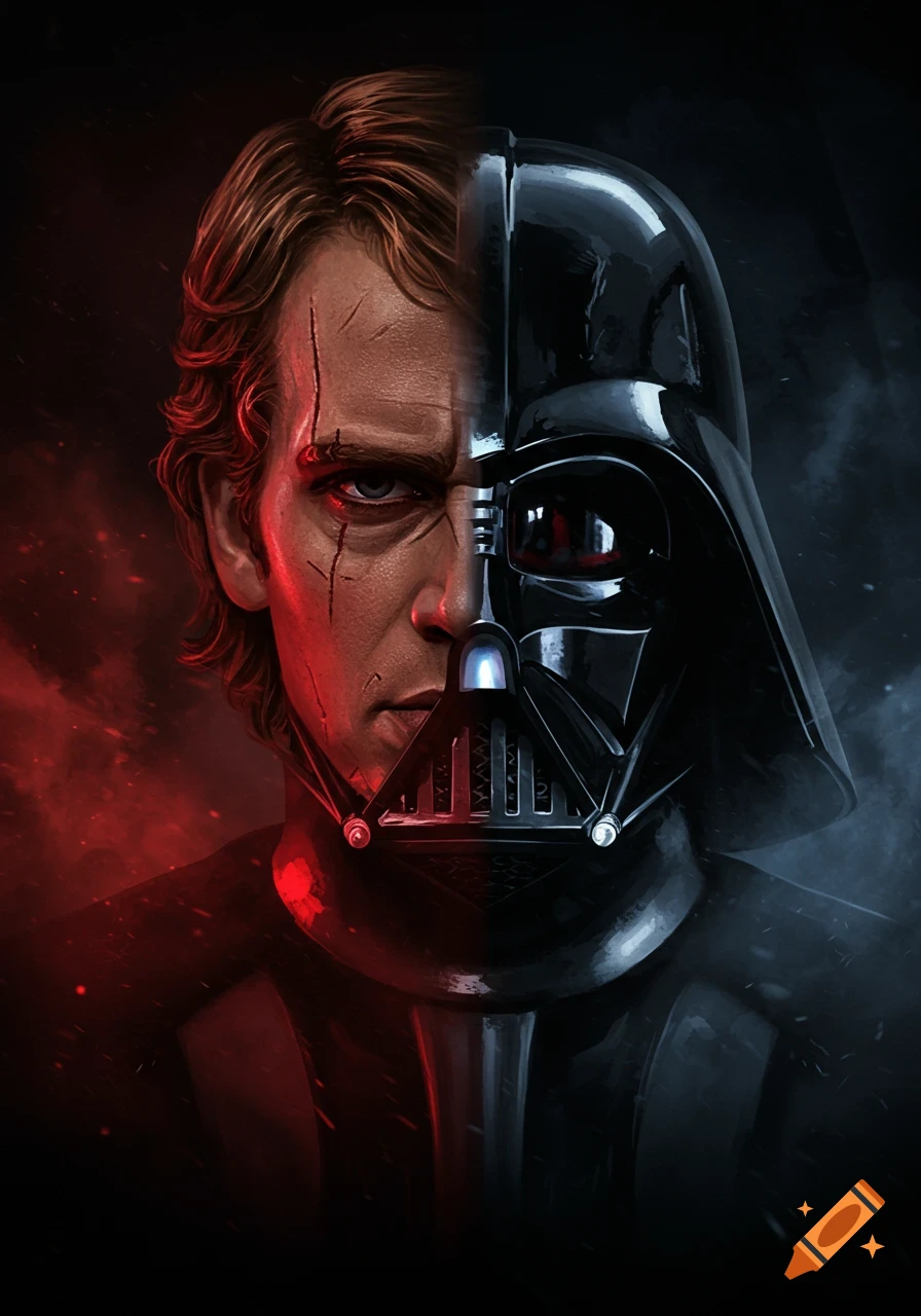 A split portrait showing Anakin Skywalker's scarred face and Darth Vader's black helmet, with red and blue lighting.