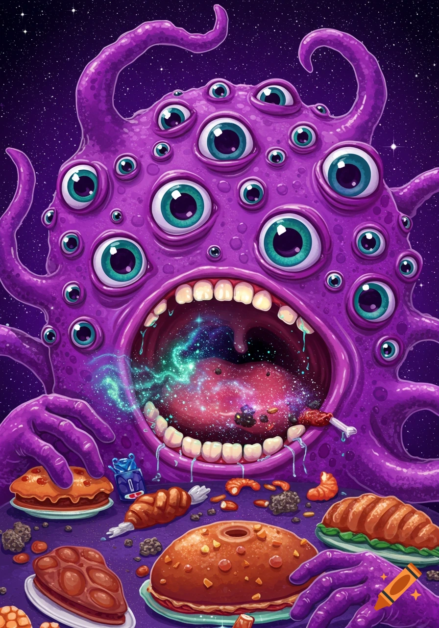 A vibrant purple, multi-eyed, tentacled monster eats various pastries and food items from a table, set against a starry cosmic background in a whimsical, illustrative style.