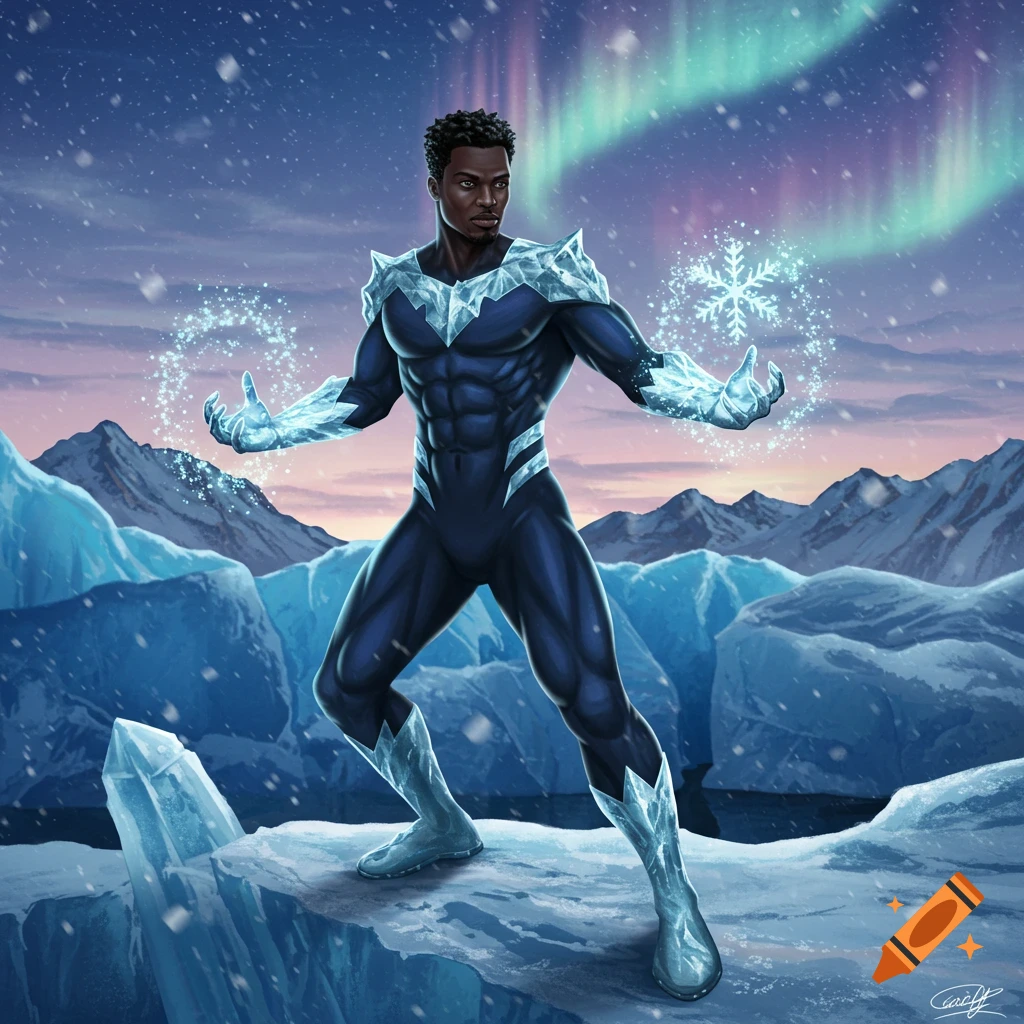 A Black male superhero with ice powers on a snowy mountain with aurora borealis, in a comic art style.