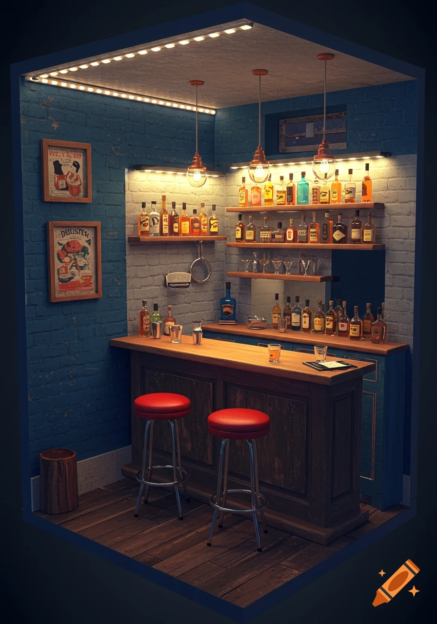 A small, well-lit basement bar with brick walls, a wooden bar counter, two red stools, and shelves stocked with various liquor bottles and glasses.