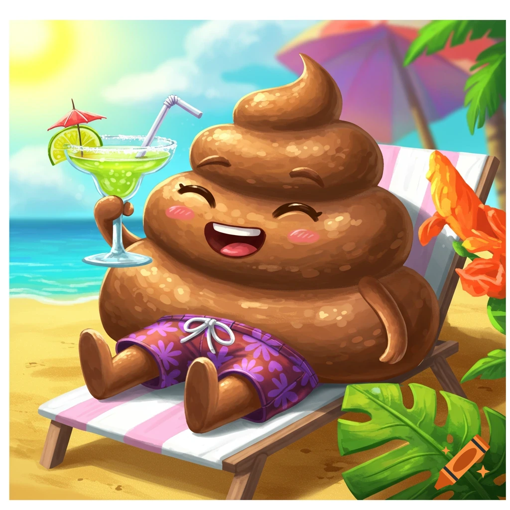 A happy cartoon poop emoji character wearing floral swim trunks relaxes on a beach chair, holding a green cocktail with a straw and umbrella.
