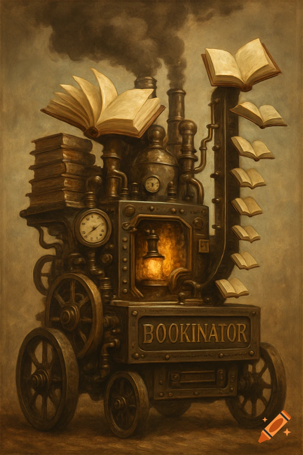 A steampunk machine, labeled 'BOOKINATOR', with gears, pipes, smokestacks, and glowing furnace, integrated with stacks of books and floating open books, in a sepia-toned, painterly style.