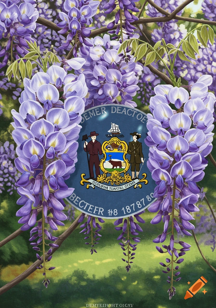 Purple wisteria flowers frame a blue circle containing a state seal with figures and a ship, against a green background.