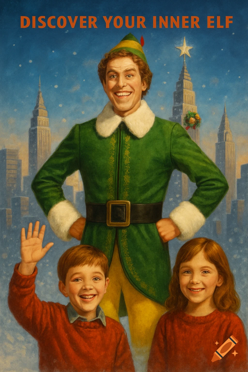 Buddy the Elf smiles in New York City with two children, with "DISCOVER YOUR INNER ELF" text above, in a movie poster style.