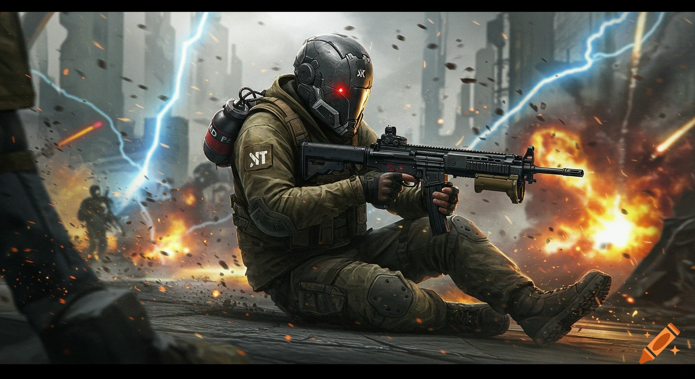 A futuristic soldier in combat gear sits holding a rifle amidst explosions and lightning in a war-torn urban landscape.