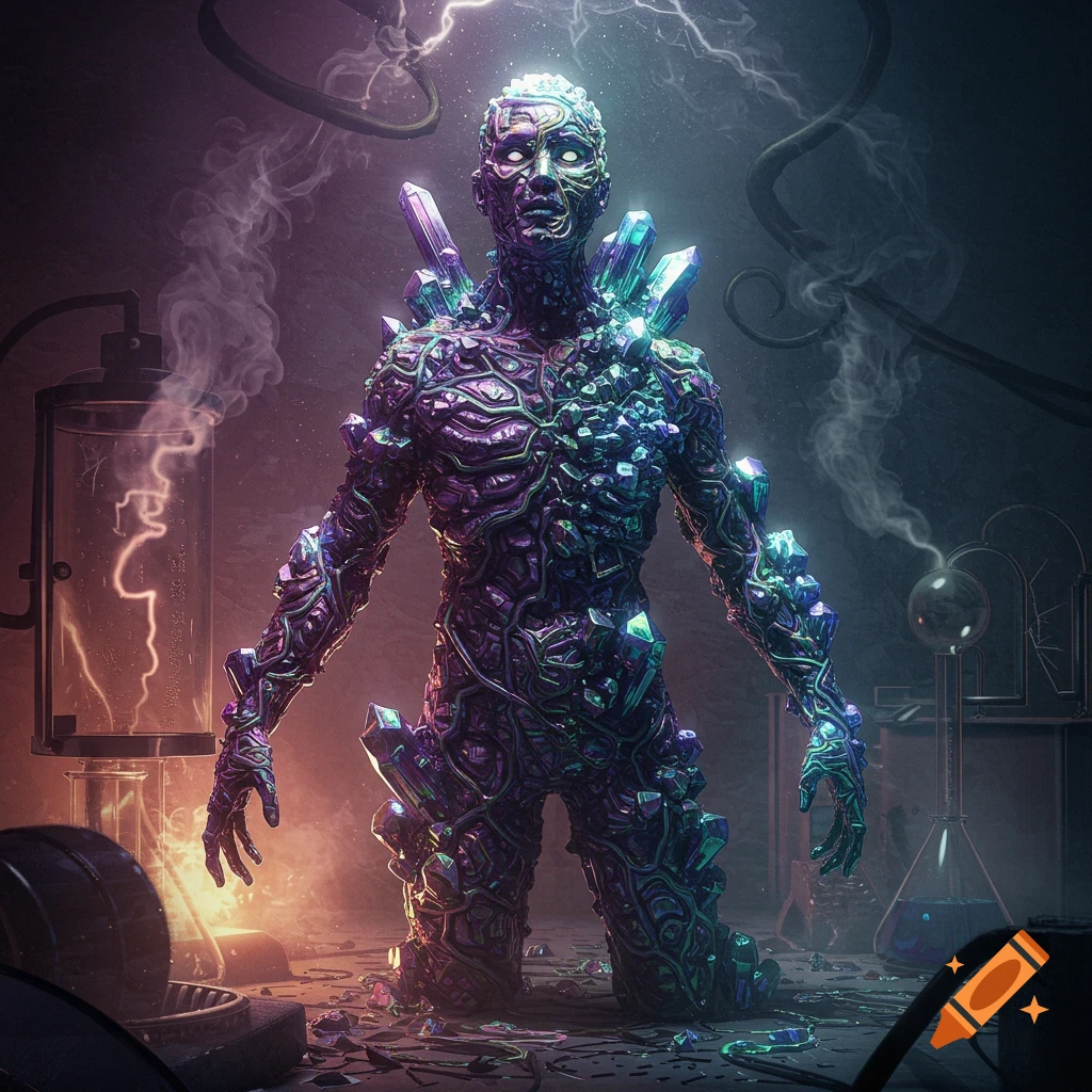 A crystal-covered humanoid figure glows with electricity in a dark, smoky laboratory filled with scientific equipment.
