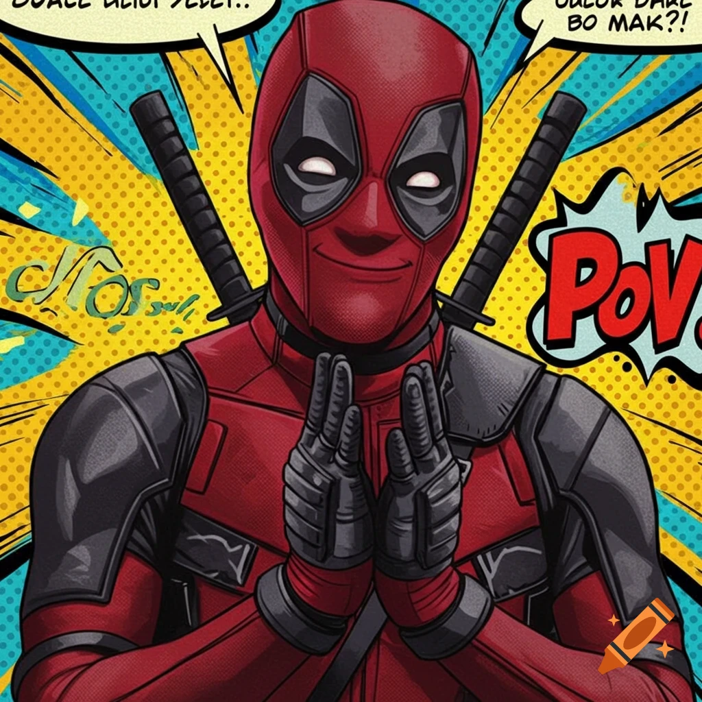 Deadpool in a comic book style, holding his hands together in front of him, against a pop art background.