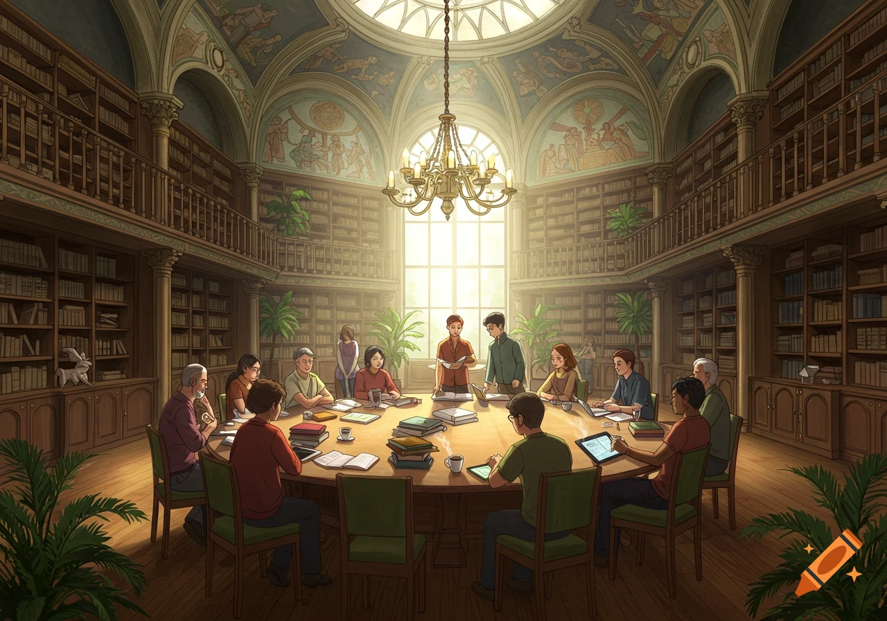 An illustration of a group of diverse people gathered around a large table in a grand, sunlit library, engaged in discussion or study.
