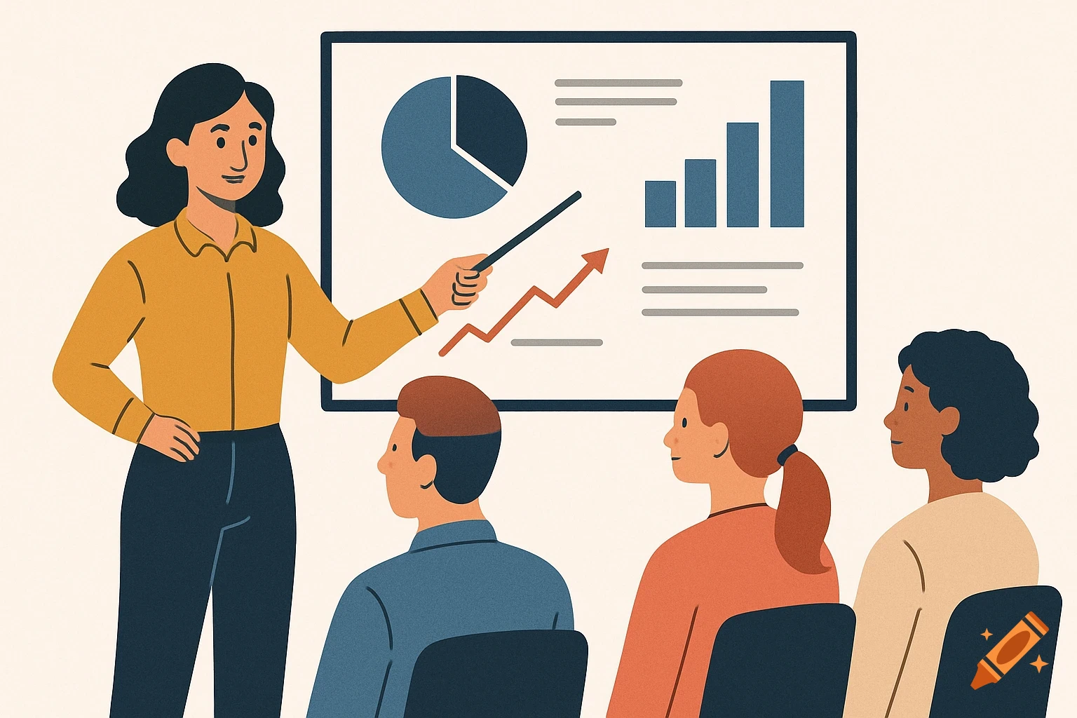 Clip art illustration of a woman presenting data charts on a screen to an audience in a meeting.