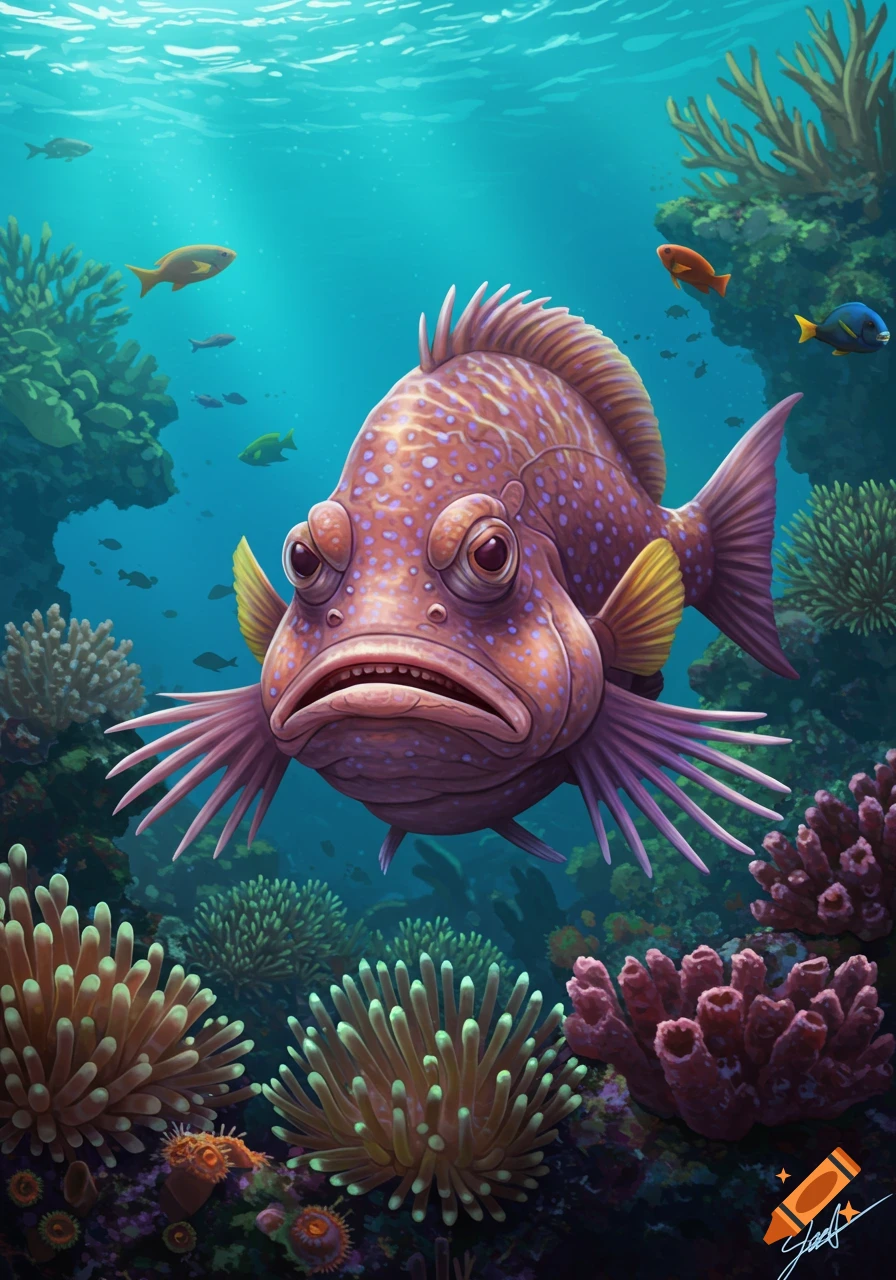 An expressive, grumpy-looking sarcastic fringehead fish swims in a vibrant coral reef.