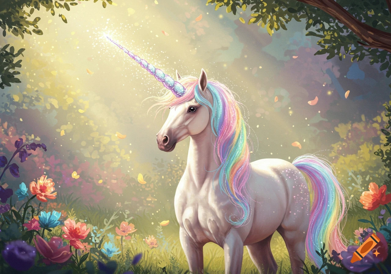 A majestic white unicorn with a rainbow mane and tail stands in a vibrant, sunlit forest, its glittery horn glowing.
