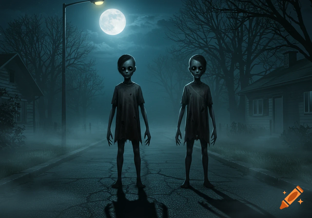 Two pale, gaunt children with black eyes stand on a cracked road under a full moon and streetlamp at night, houses and bare trees in the misty background, horror style.