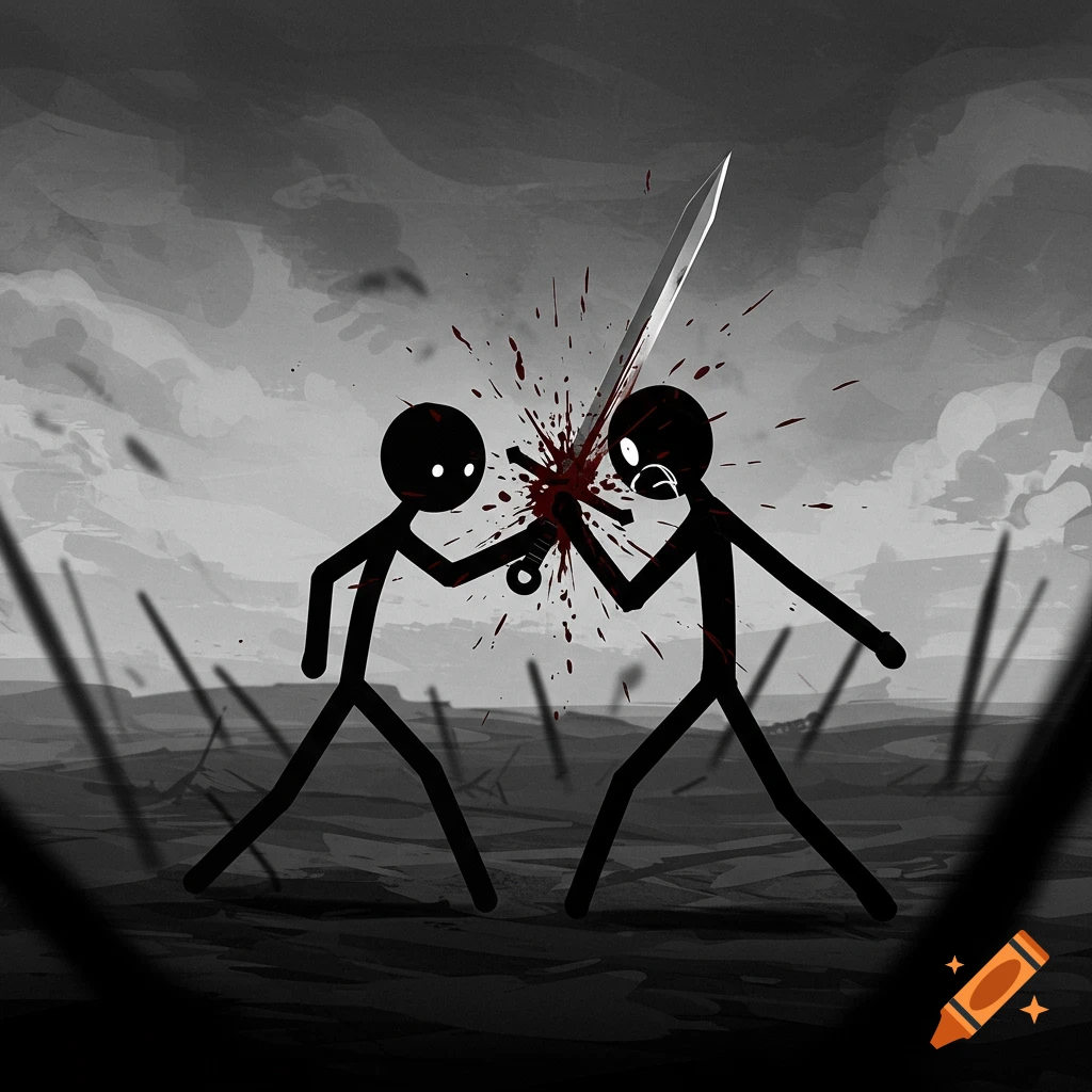 Two black stick figures fight with a sword, one stabbed with blood splatter on a desolate gray landscape.