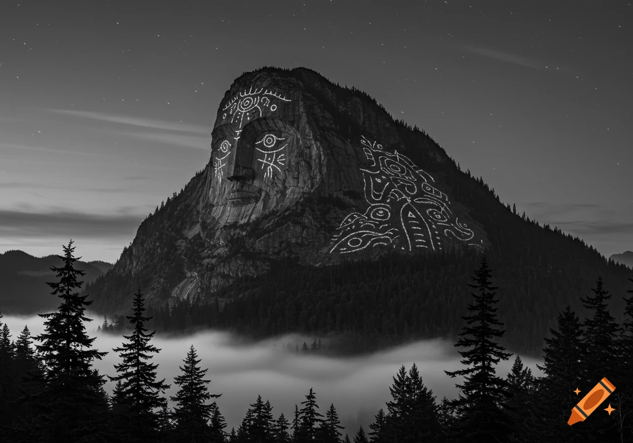 A twilight black and white scene of a mountain with a large anthropomorphic face and tribal symbols carved into its peak.