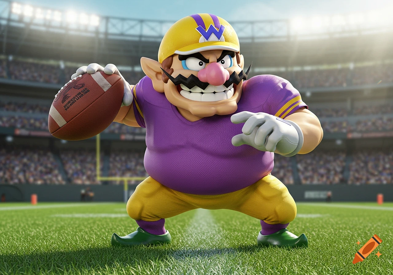 Wario, wearing purple and yellow football gear, poses with a football on a green field in a stadium.