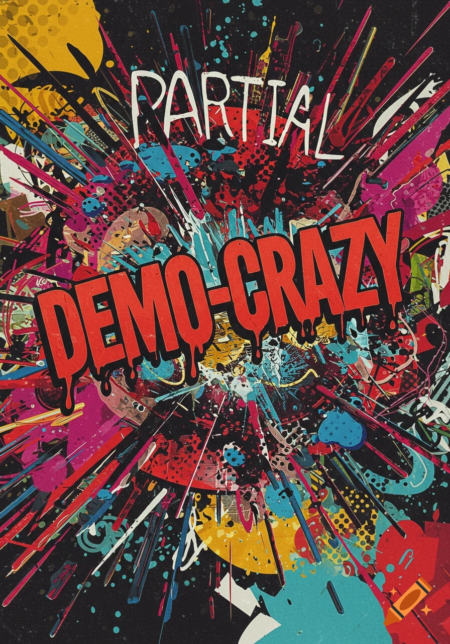 Vibrant abstract graphic art with 'PARTIAL' and 'DEMO-CRAZY' text, featuring colorful splatters, lines, and grunge textures on a dark background.